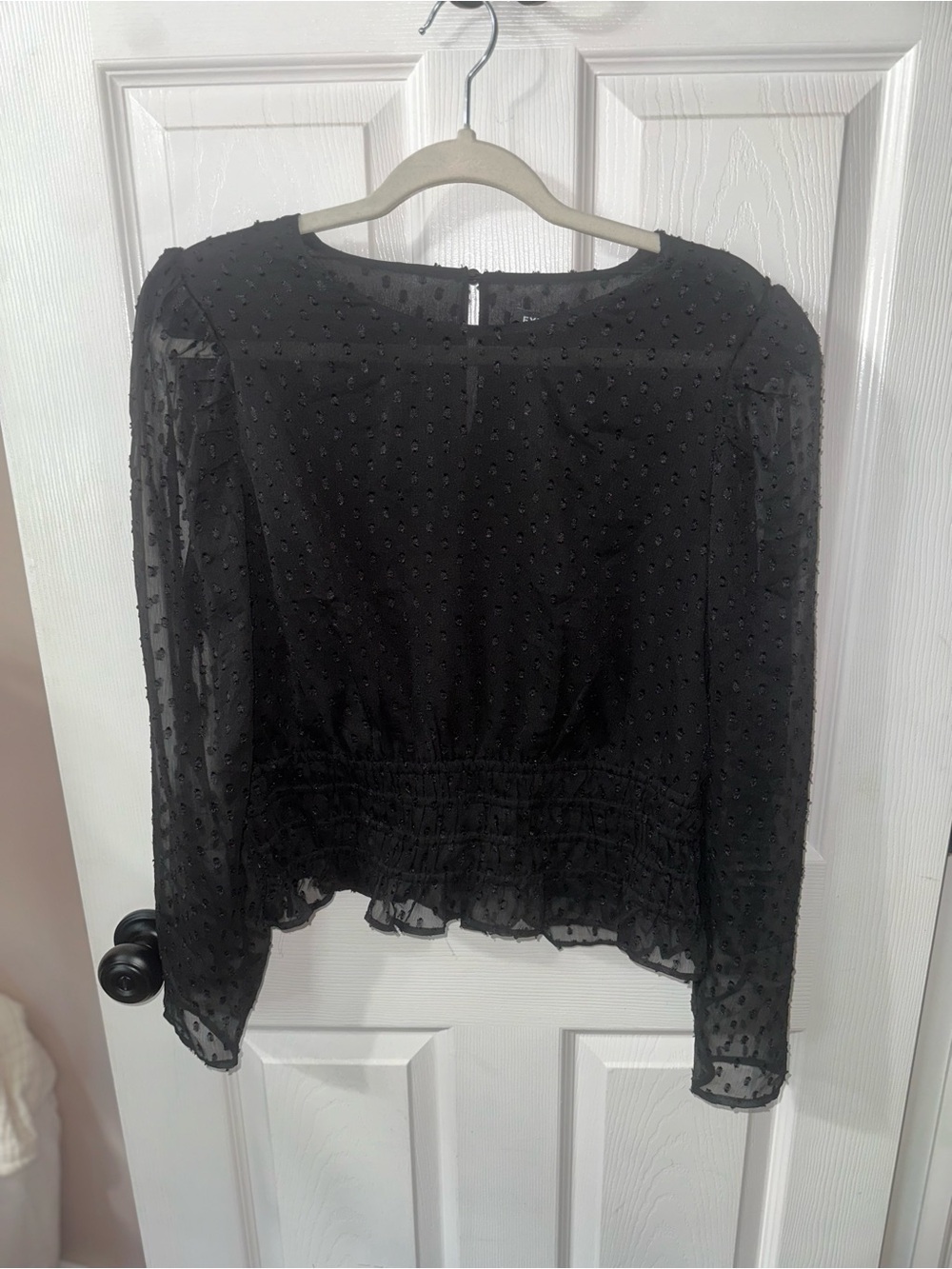 Women’s Black Sheer Swiss Dot Long-Sleeve Top